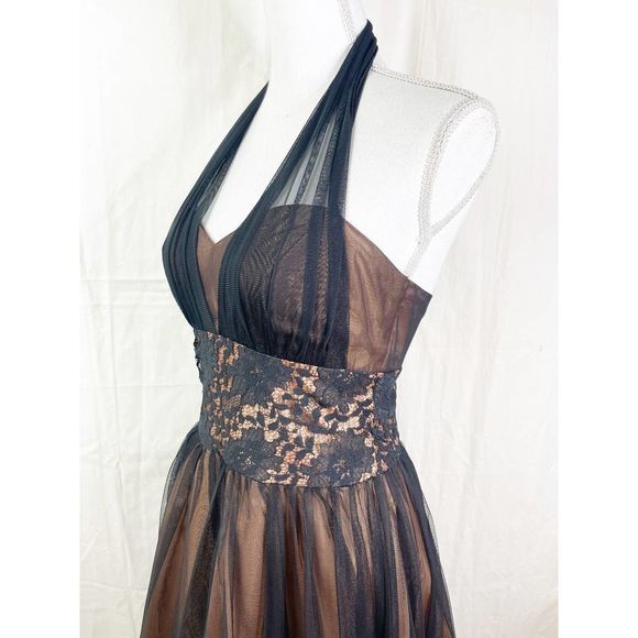 Vintage 90's Does 50's Bronze And Black Halter Dress - Full Skirt - Picture 4 of 7